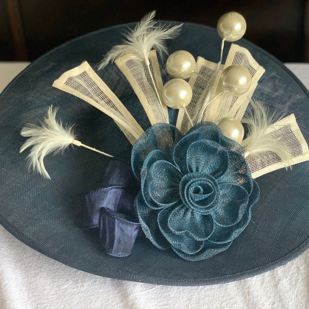 Kentucky Derby Church Navy White Pearl Hat Fascinator